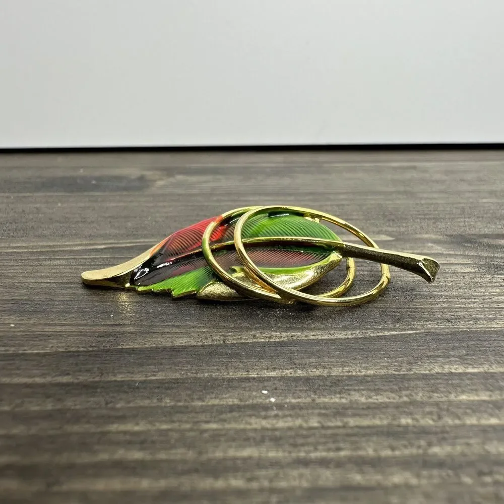 Vintage Gold‎ Tone Leaf Brooch Pin Painted Red and Green Wire Rings Estate